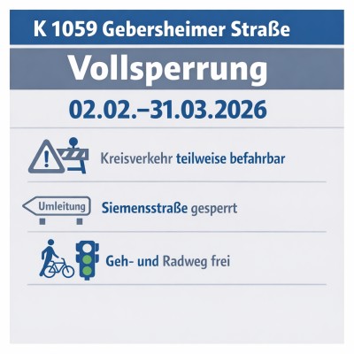 K 1059: Vollsperrung der Gebersheimer Straße ab 2. Februar